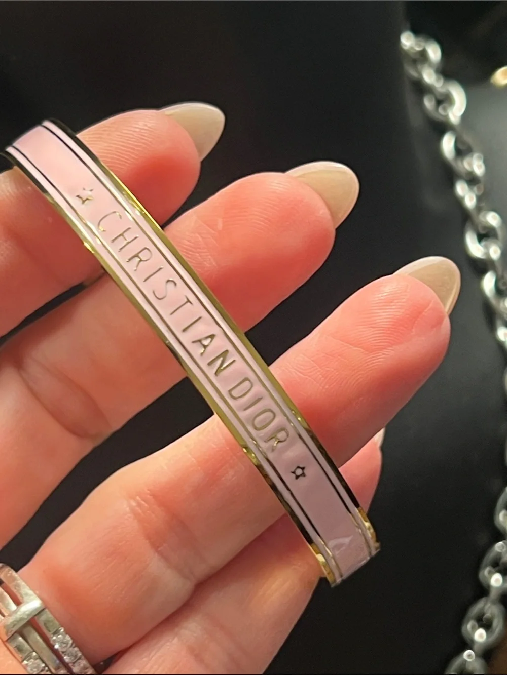 Up Cycled D Pink Enamel Logo Bangle Bracelet